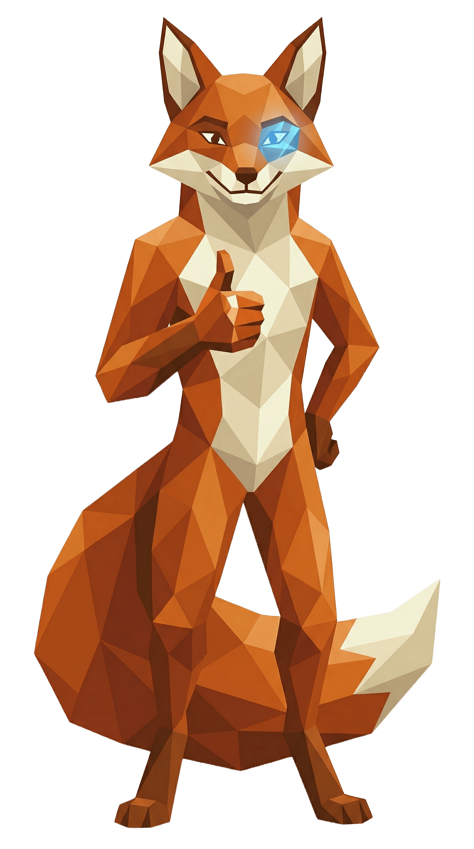 Mr. Fox private AI assistant mascot — geometric low-poly fox with blue digital eye giving thumbs up