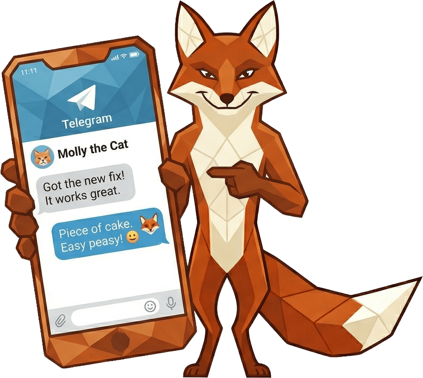 Mr. Fox holding a smartphone showing Telegram private AI chat